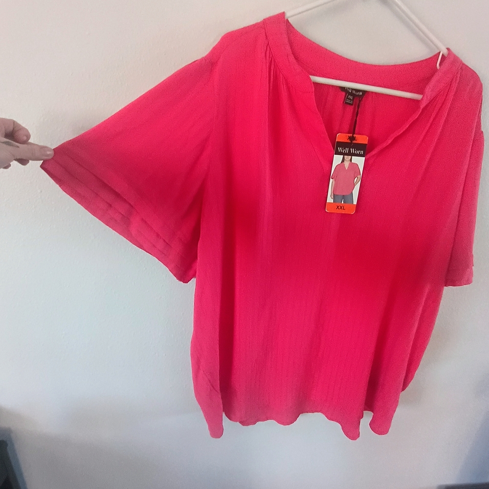 Well Worn Womens XXL Pink V-Neck Blouse Short Sleeve Casual Top - Picture 5 of 9